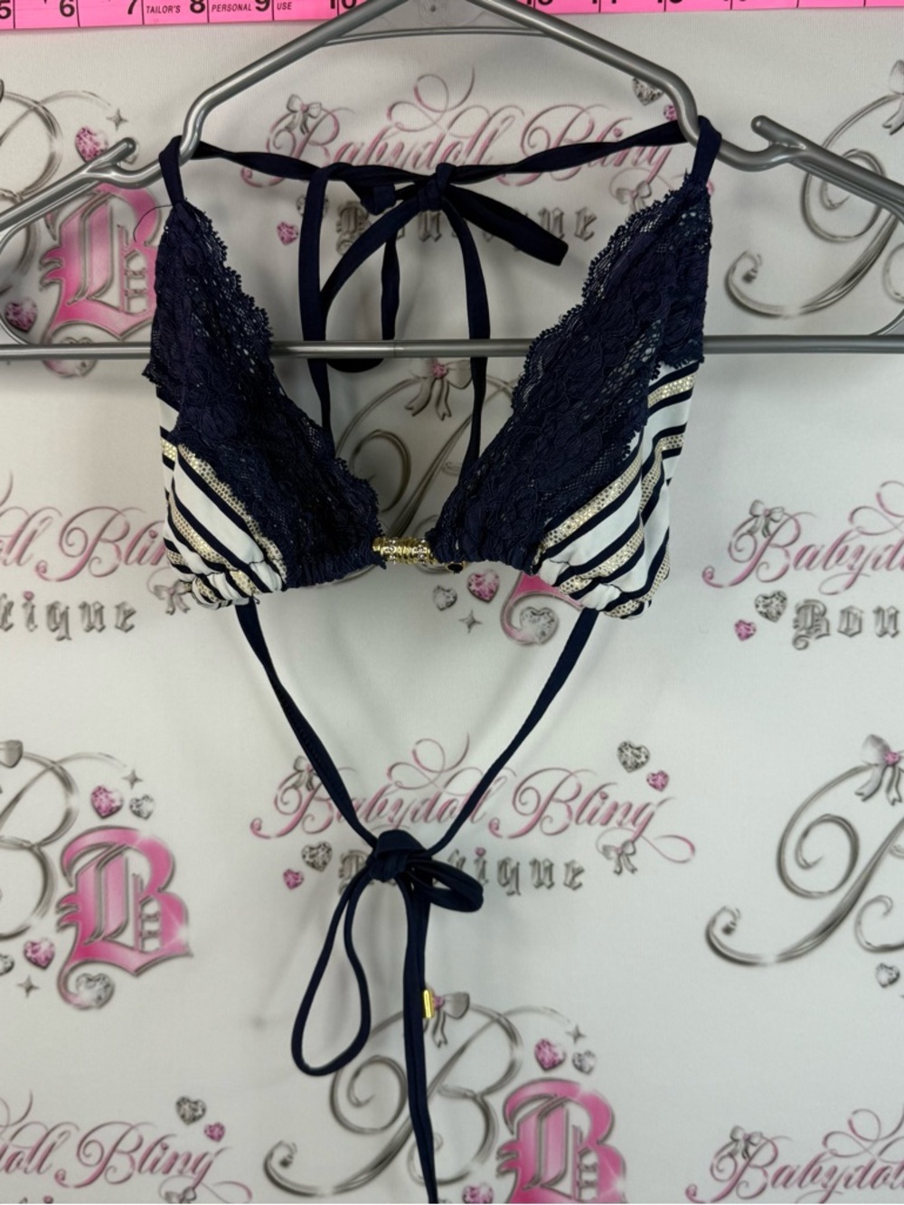 Bikini top shiny Striped Navy Lace Triangle Bikini Top with Gold Accent